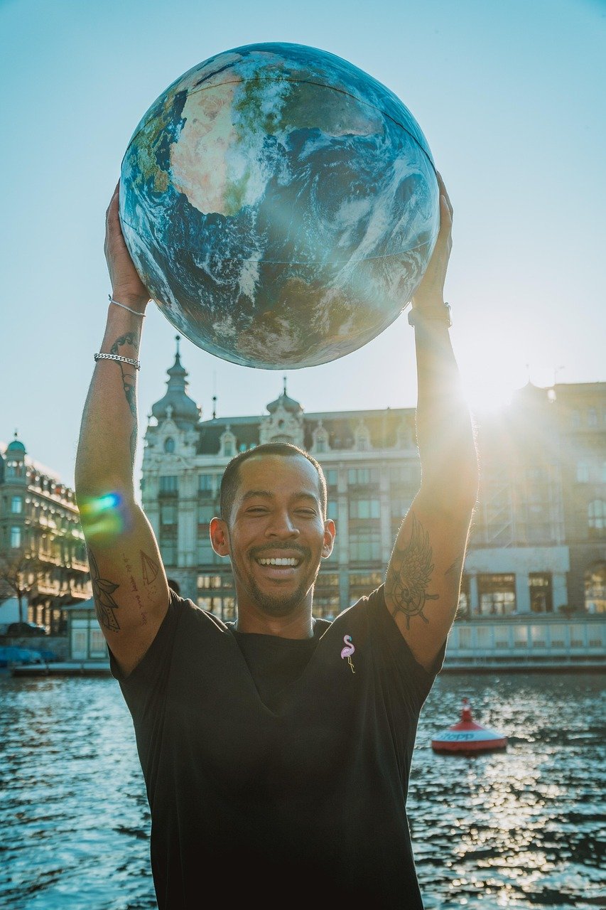 the world, earth, globe, in the hands, world, planets, map, global, hope, world map, map of the world, international, continents, no limits, countries, network, young man, balloon, happy